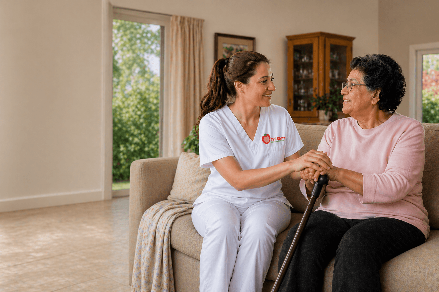 Caregiver and senior woman at home, supportive visit on the sofa with a walking cane