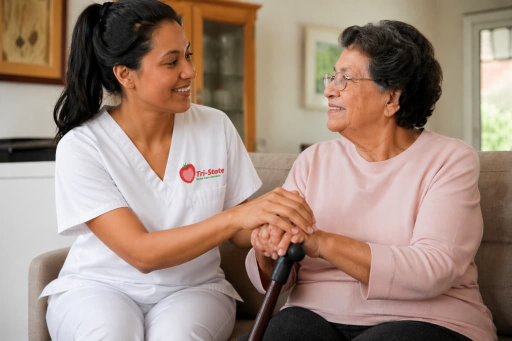 A Tri-State Home Care Services caregiver sits with an older adult at home, hands gently resting together over a walking cane.
