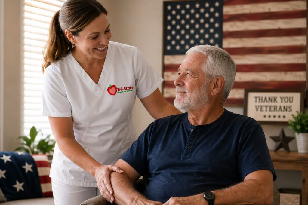 A Tri-State Home Care Services caregiver in uniform with the agency logo offers gentle support to an older veteran in a home decorated with American flag art.